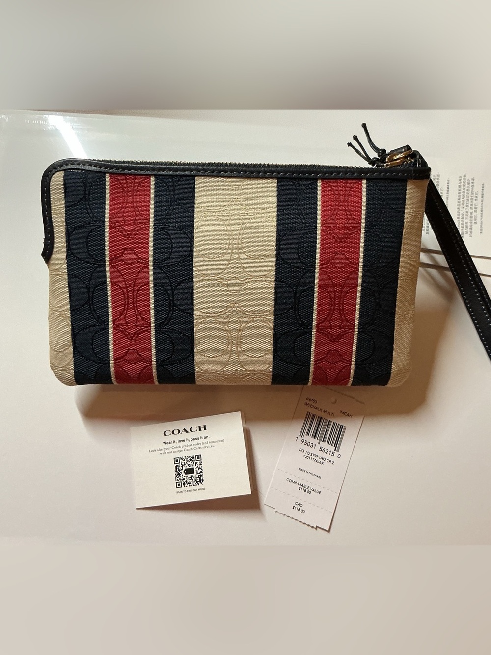 Coach Signature C Jacquard Stripe Corner Zip Wristlet Navy Red Cream - Picture 2 of 7